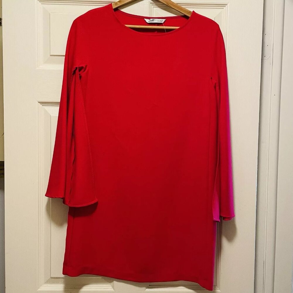 ZARA Red Tunic Split Bell Sleeves Shift Dress Sz S